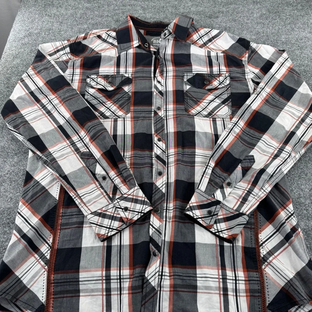 BKE‎ Snap Front Shirt Men XXL Western Plaid Cotton Athletic Fit Black Orange L/S